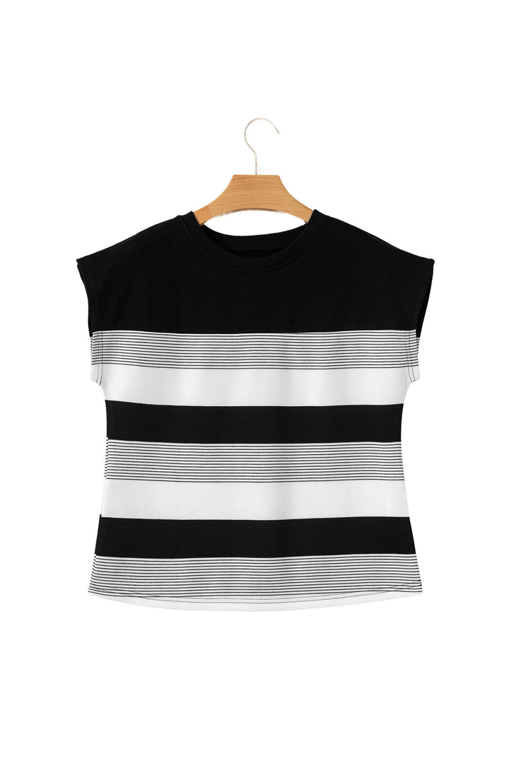 Stripe Mixed Print Crew Neck Cap Sleeve T Shirt