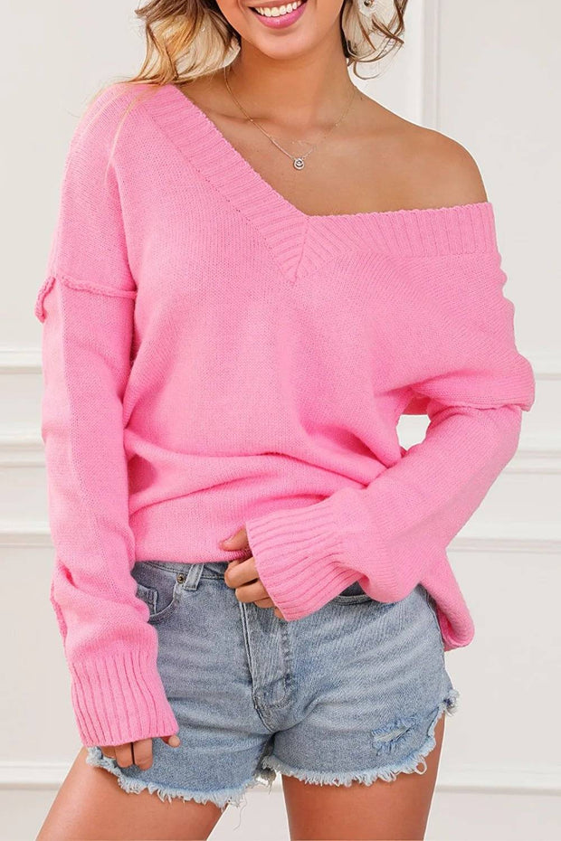 Exposed Seam V Neck Slouchy Sweater - Pink / L / 60%Acrylic+40%Polyamide