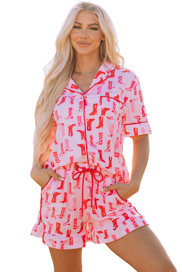Pink Western Cowgirl Boots Printed Shirt Ruffled Shorts Pajama Set