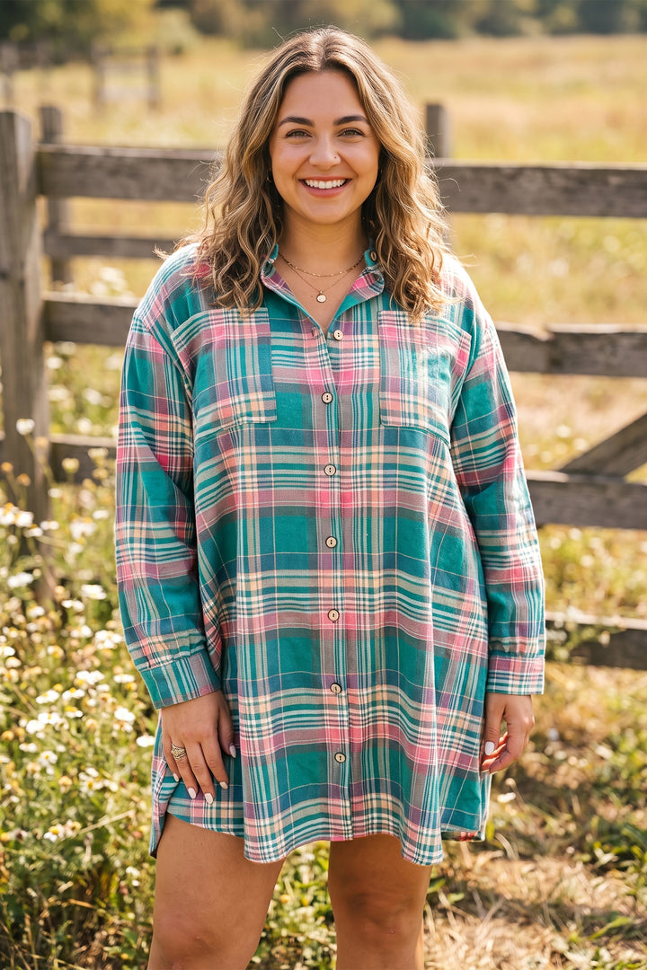 Green Plaid Button-Up Shift Long Sleeve V Neck Plus Size Dress