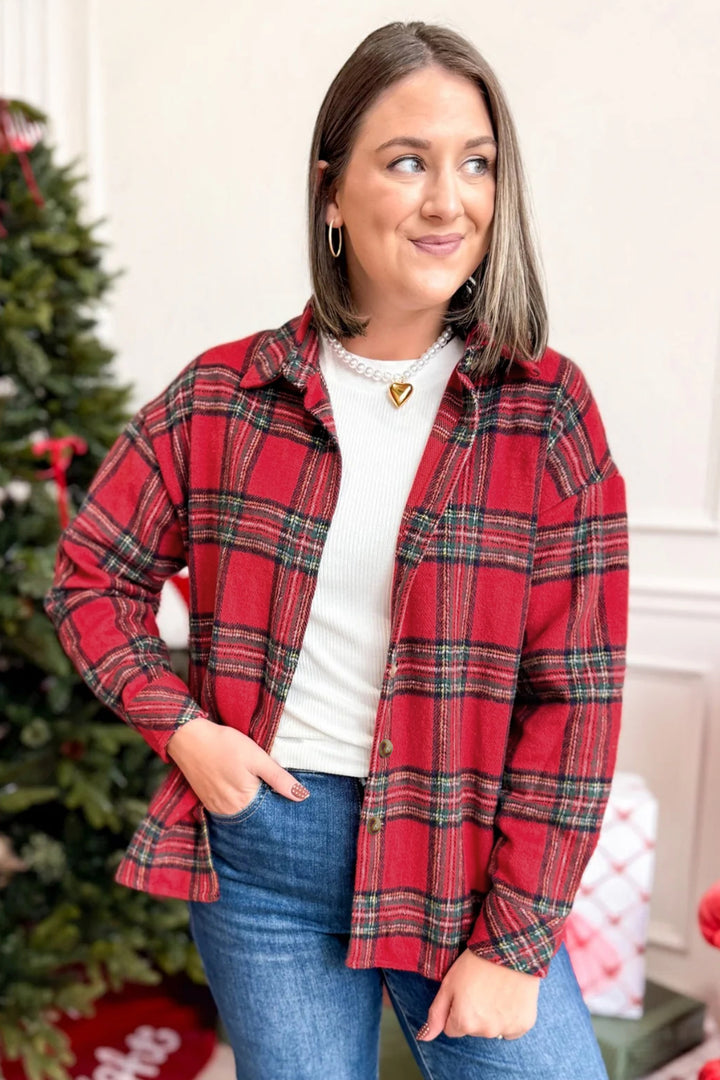 Red Plaid Button Front Shacket