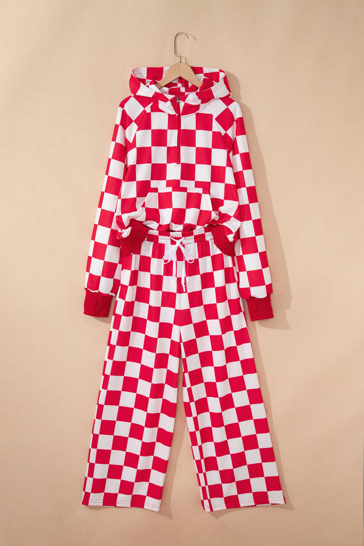 Red Checkered Print Half Zip Hoodie Loose Pant Set