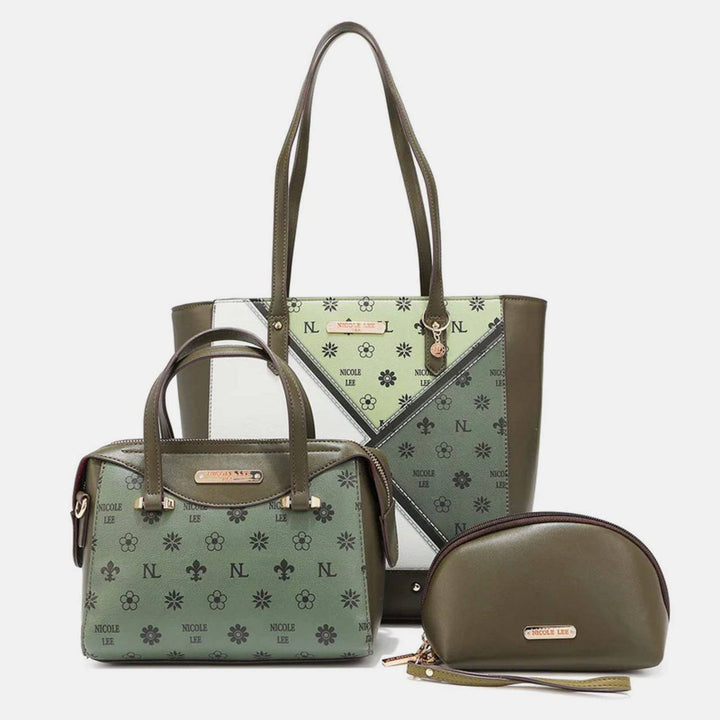 three pieces of green and brown purses