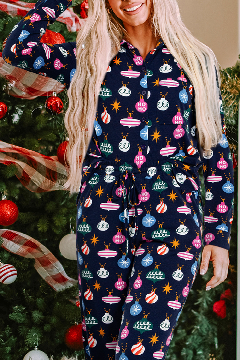 Navy Blue Colorful Christmas Lights Print Shirt and Pants Pajama Set