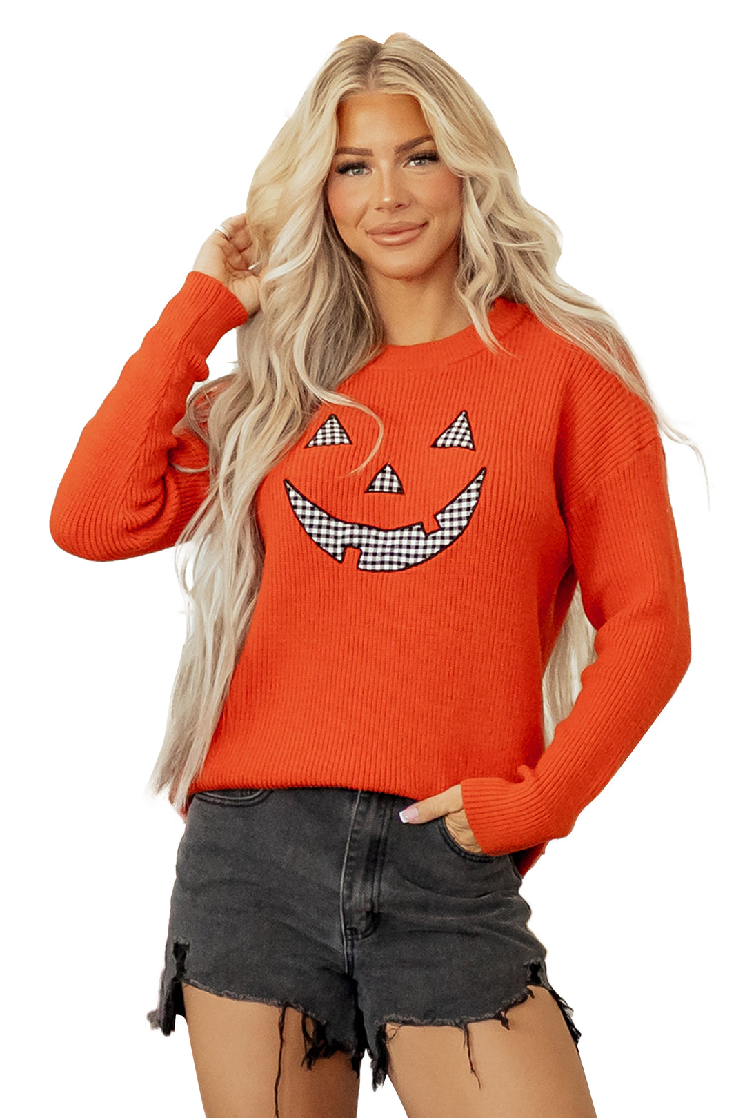 Orange Drop Shoulder Long Sleeve Round Neck Halloween Sweater