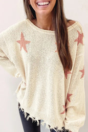 Beige Starry Long Sleeve Raw Hem Sweater - Beige / L / 100%Polyester