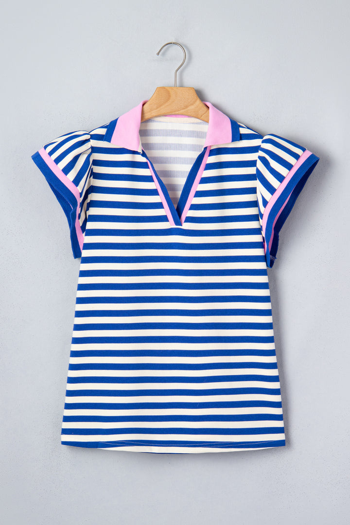 Stripe Contrast Trim Polo Collar Ruffled Short Sleeve Blouse