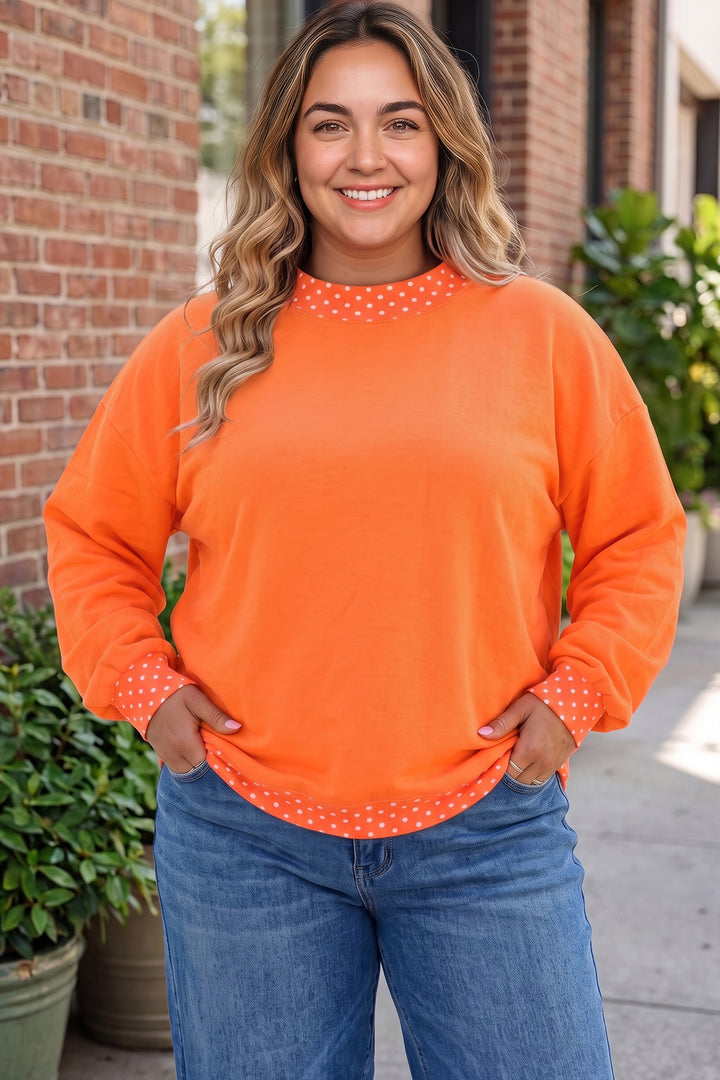Racing Red Polka Dot Patchwork Round Neck Plus Size Sweatshirt