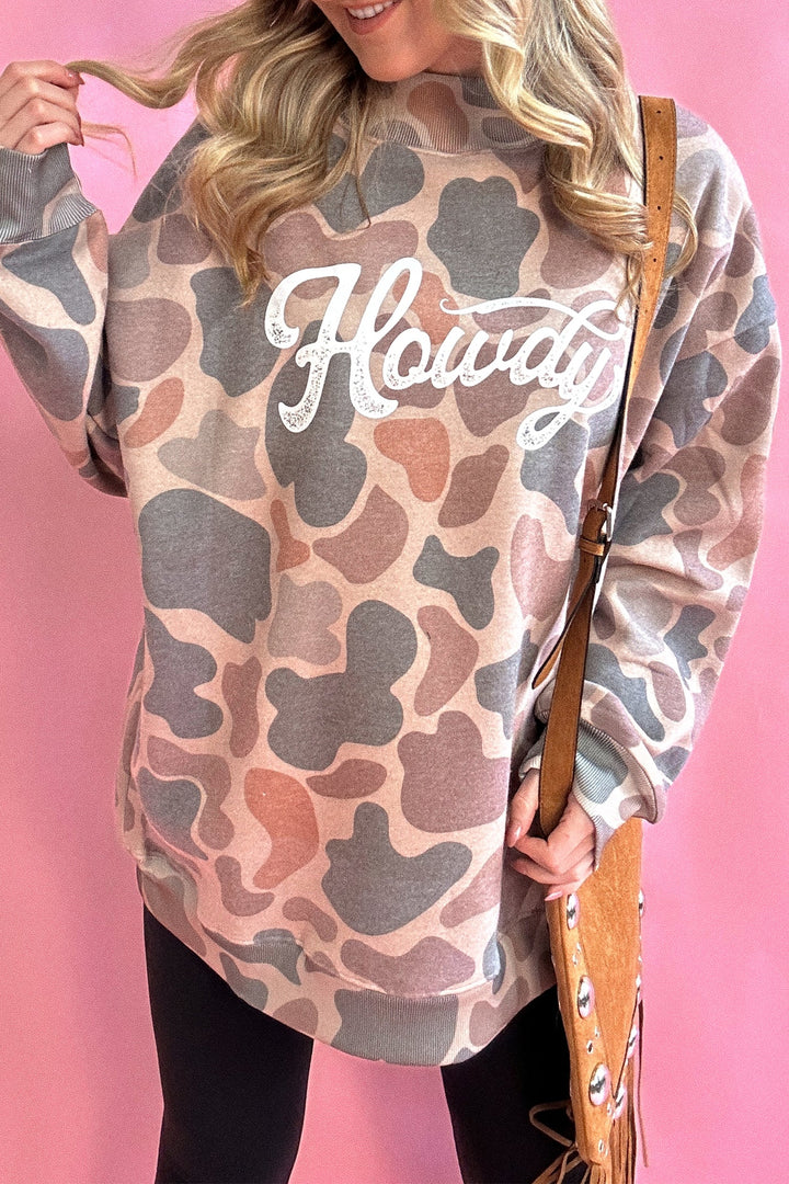 Multicolor Camo Print Howdy Western Style Pullover Sweatshirt