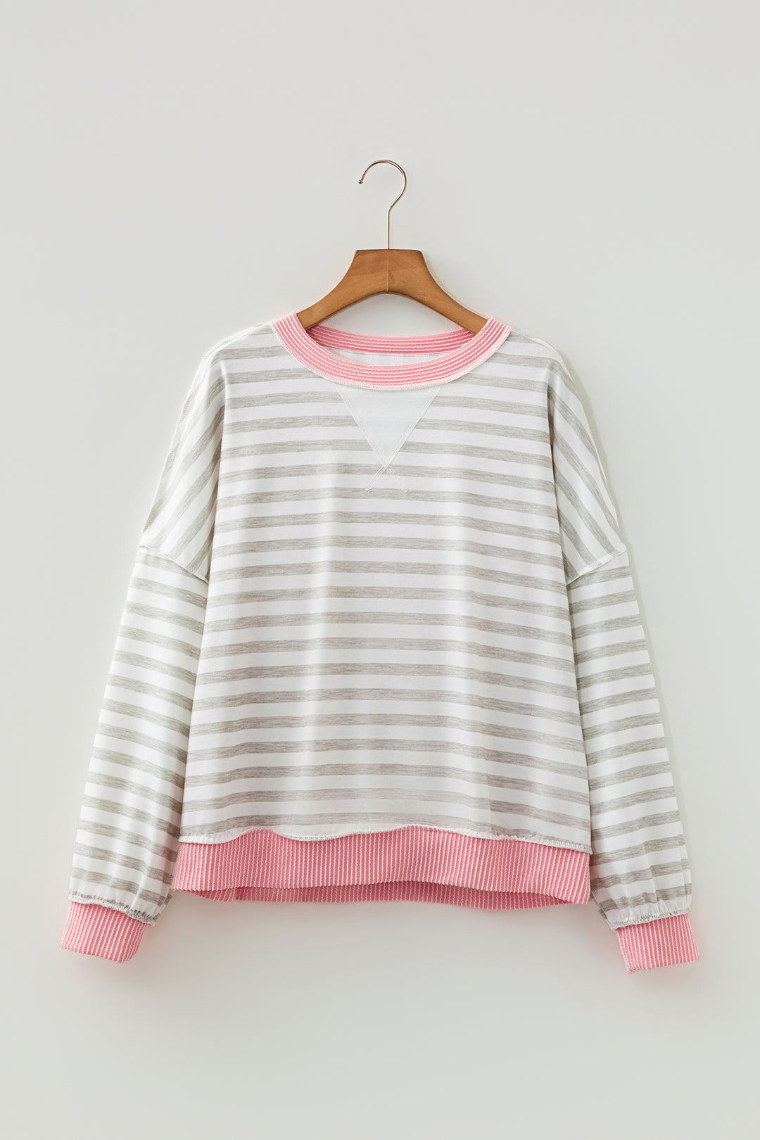 Pink Twisted Rib Trim Striped Round Neck Long Sleeve Top