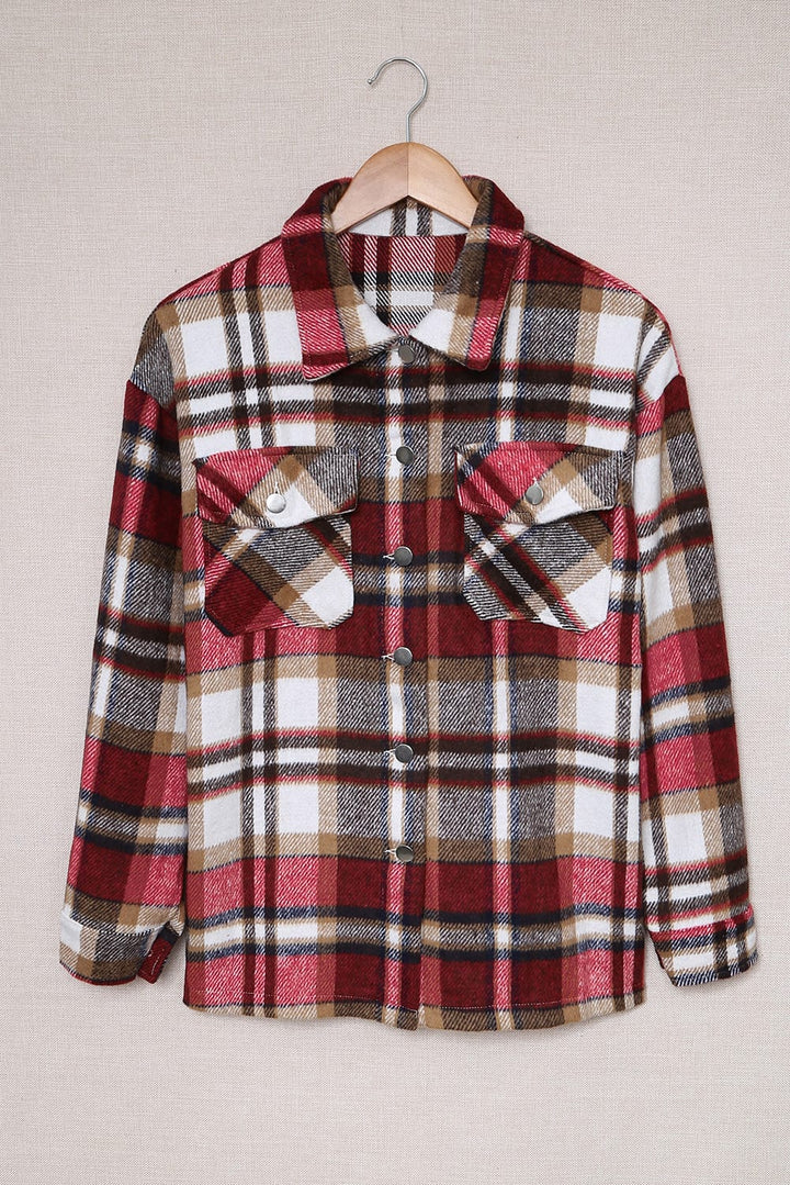 Geometric Plaid Print Pocketed Shacket -