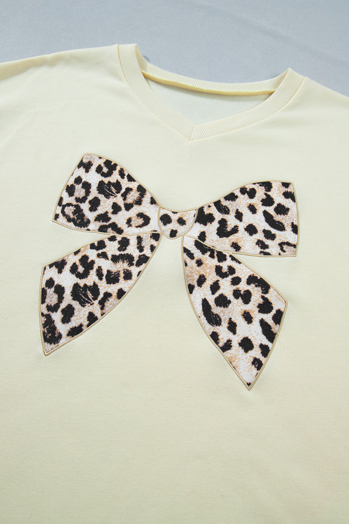 Leopard Bow Patched V Neck Loose Tee Drawstring Shorts 2pcs Outfit