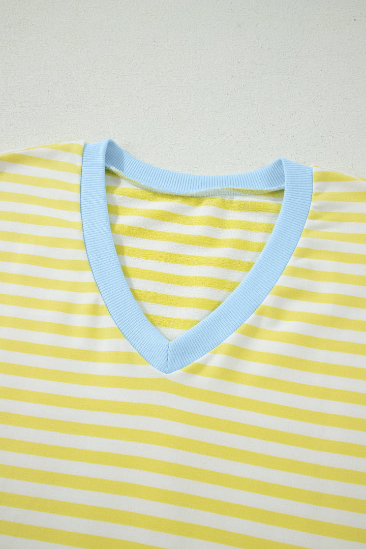 Stripe Colorblock Trim V Neck Tee Drawstring Elastic Waist Short Set