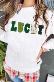 White Lucky Letter Patch Quilted Sweatshirt -