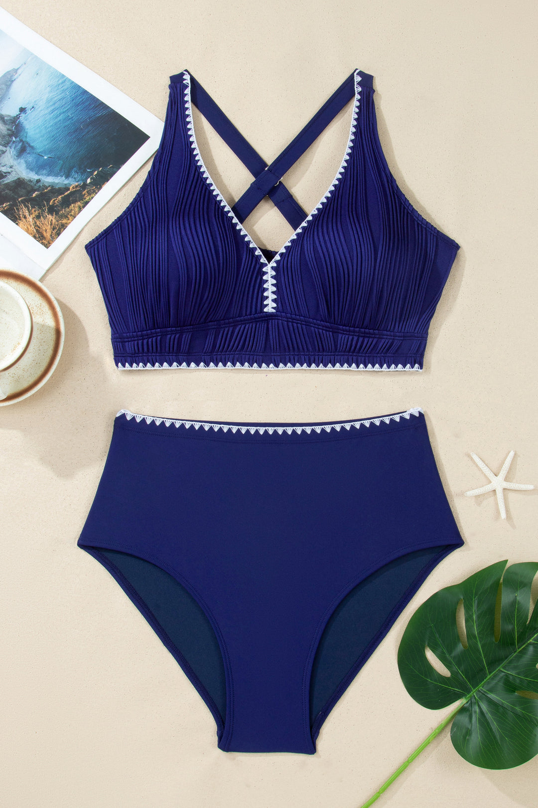Stitched Trim V Neck Textured Mix and Match High Waist Bikinis