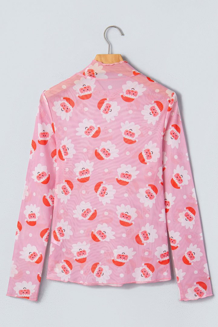 Pink Abstract Santa Print Stand Neck Sheath Long Sleeve Top