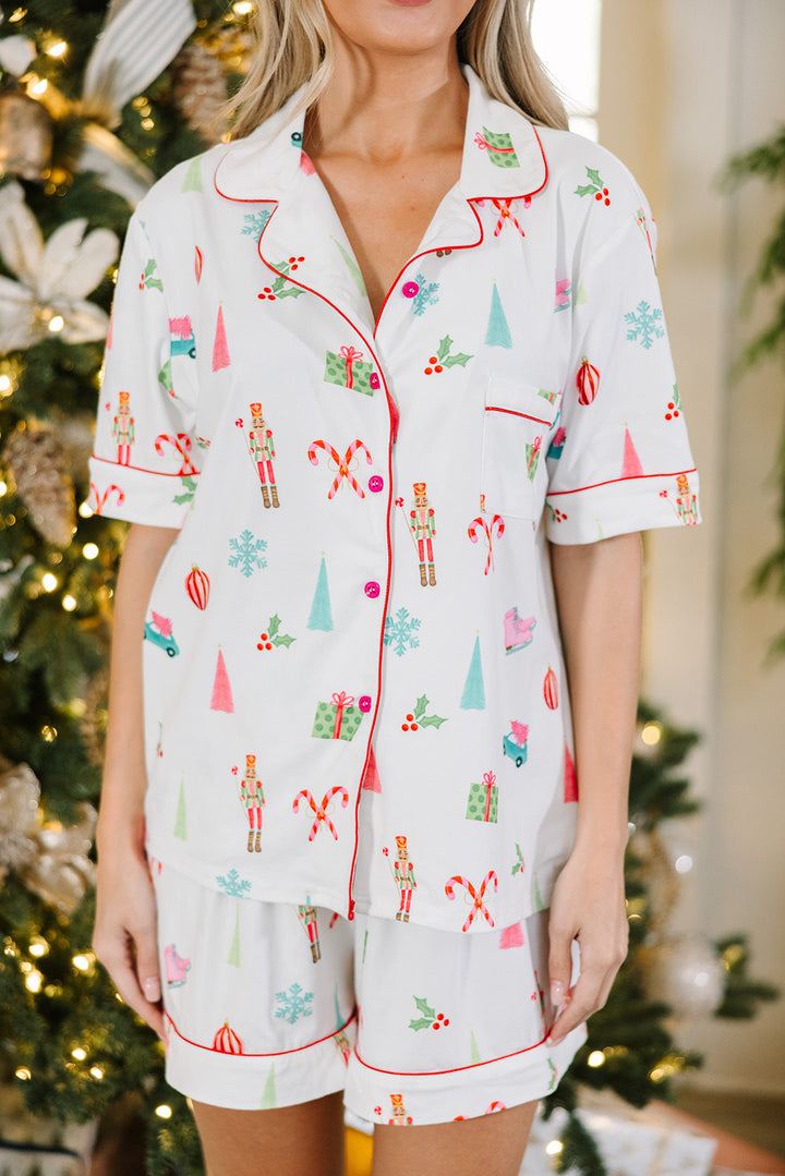 White Christmas Print Short Sleeve Shirt and Shorts Pajama Set