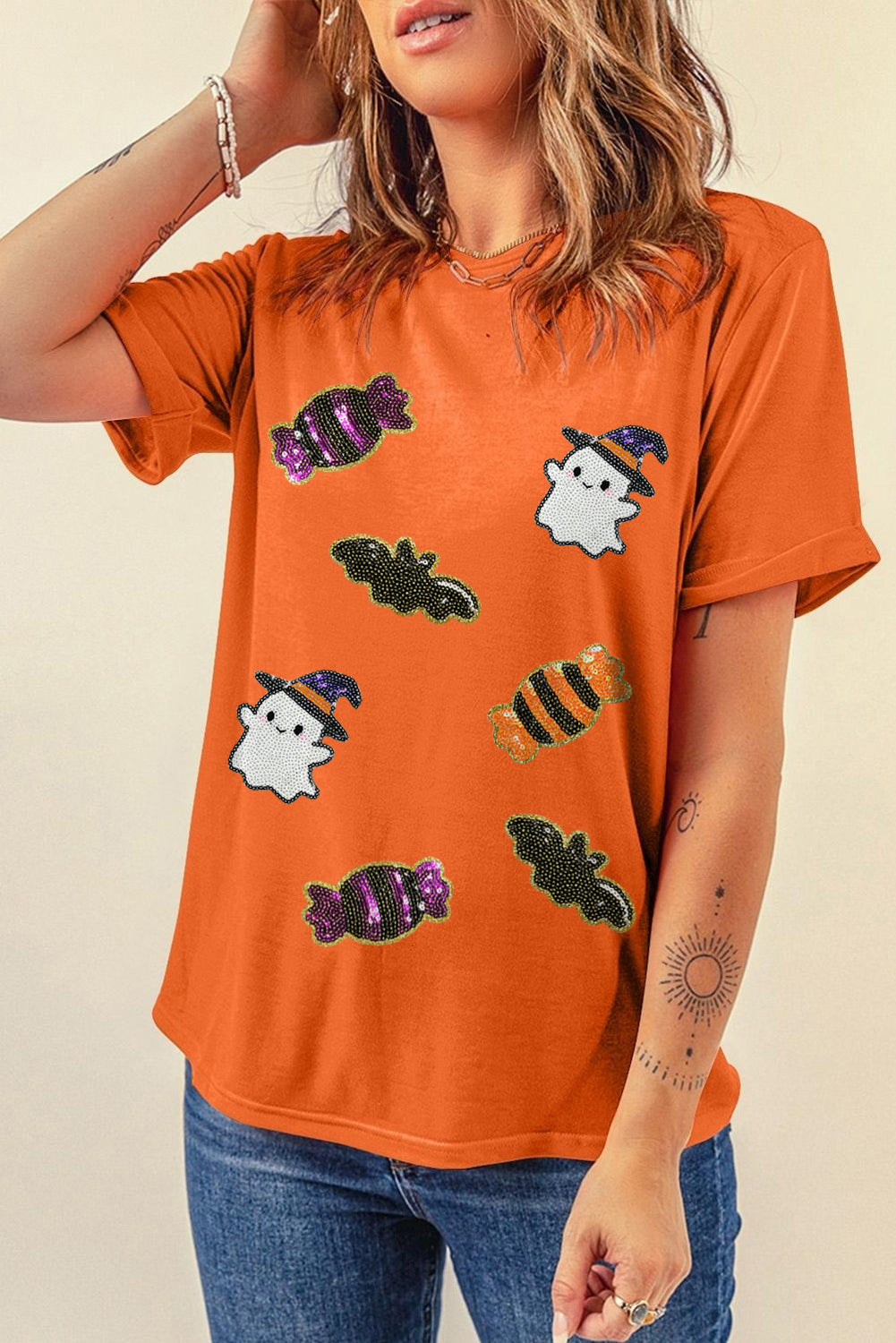 Sequined Halloween Spirit Pattern Patched Custom Casual Tee