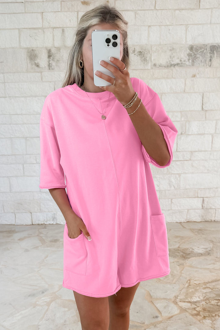 Pink Solid Color Raw Edge Half Sleeve Pocketed Loose Romper