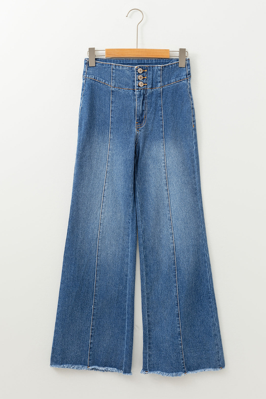 Sail Blue High Waist Button Fly Seamed Raw Hem Flare Jeans
