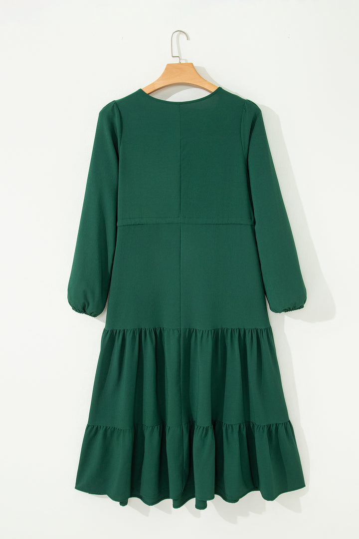 Blackish Green Solid Long Sleeve Button V Neck Tiered Maxi Dress