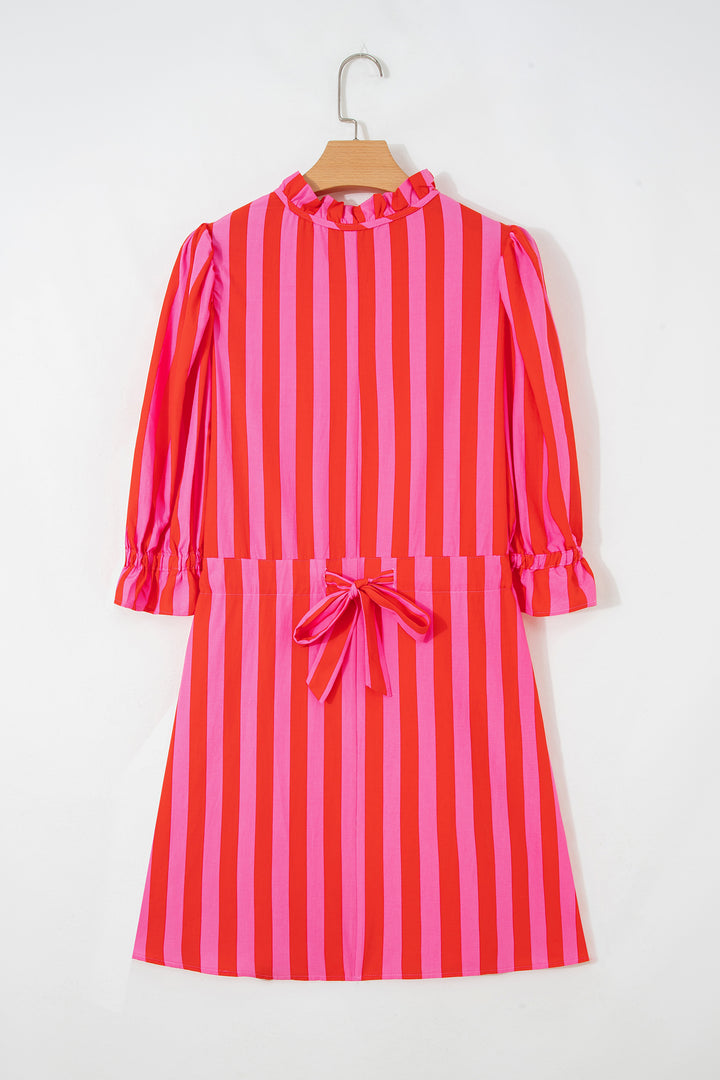 Stripe Half Button Puff Sleeve Loose Mini Dress