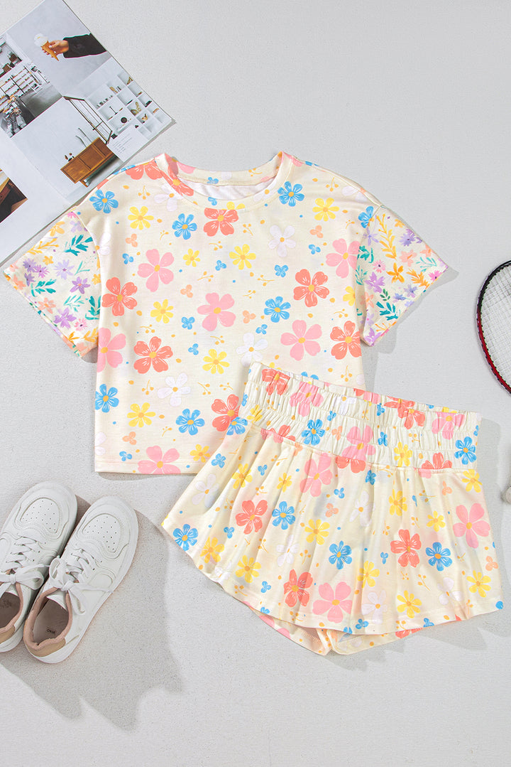 Apricot Floral Print Crop Top Wide Leg Short Set