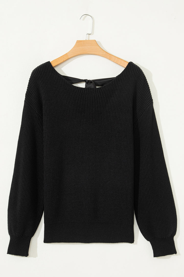 Ribbed Knit Ribbon Knot Backless Drop Shoulder Sweater