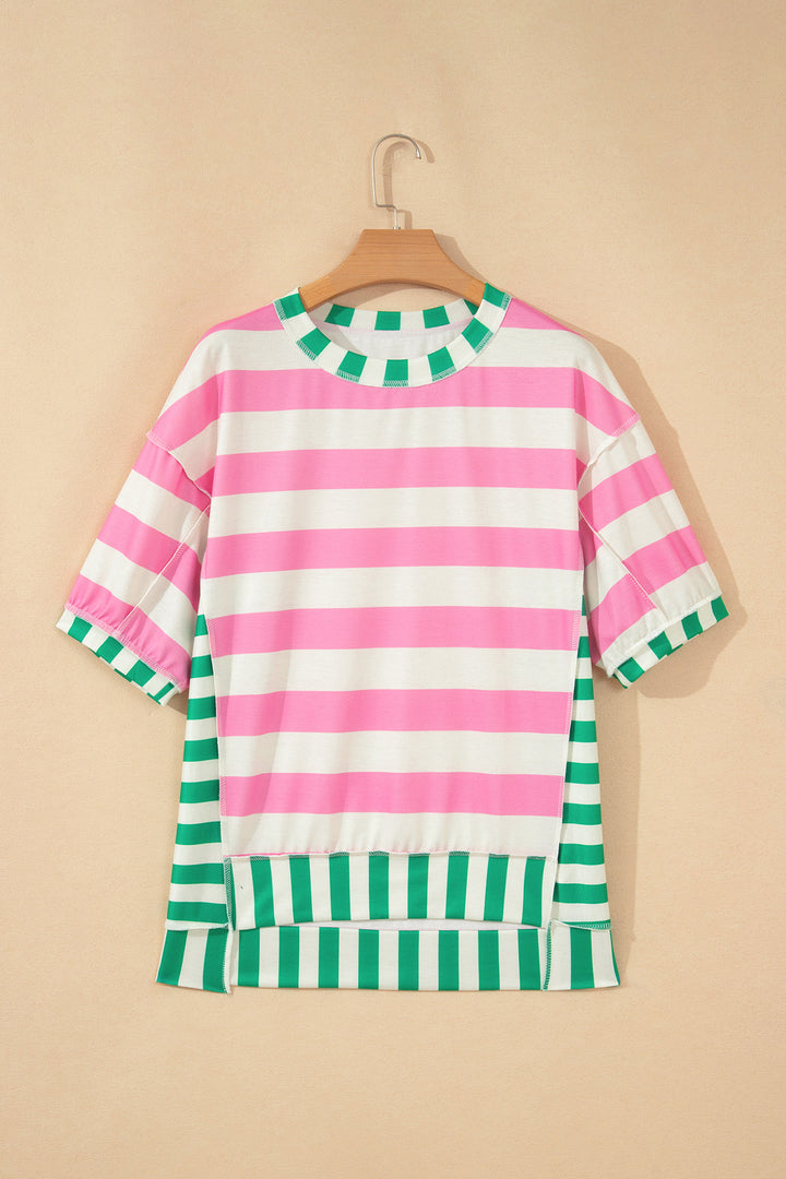 Stripe Exposed Seam Contrast Patchwork Oversized Top
