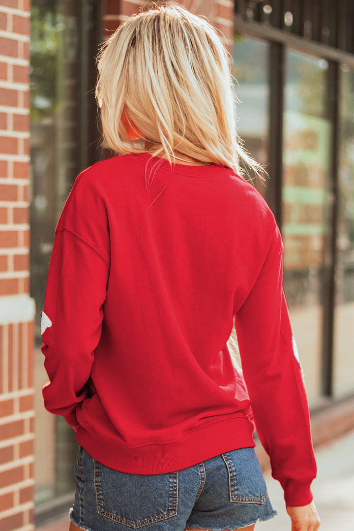 Red Sequin Baseball Bow Patched Pattern Game Day Pullover Sweatshirt