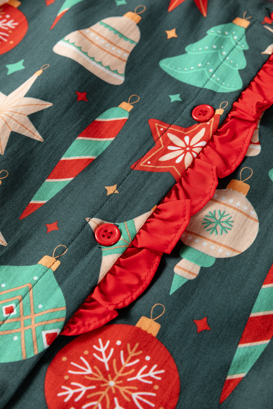 Green Christmas Fashion Print Contrast Trim Frilled Neck Short Sleeve Blouse