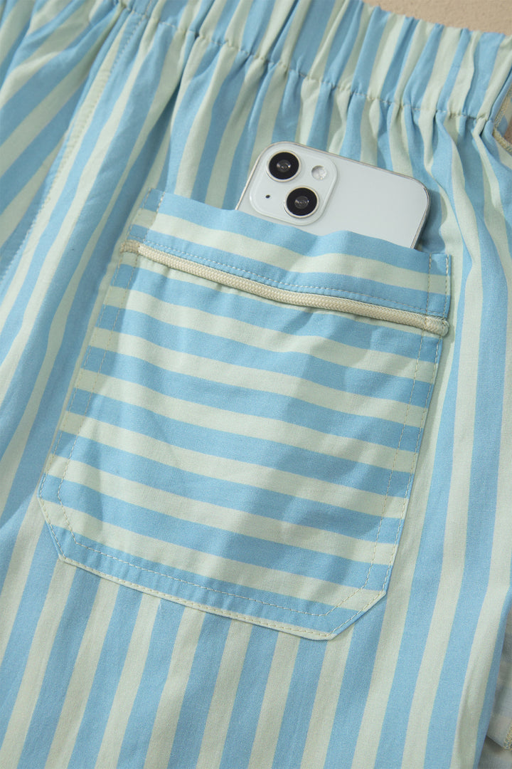 Stripe Elastic Waist Ruffle Trim Casual Shorts