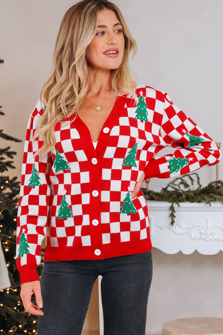 Checkered Christmas Tree Pattern Button V Neck Cardigan Sweater