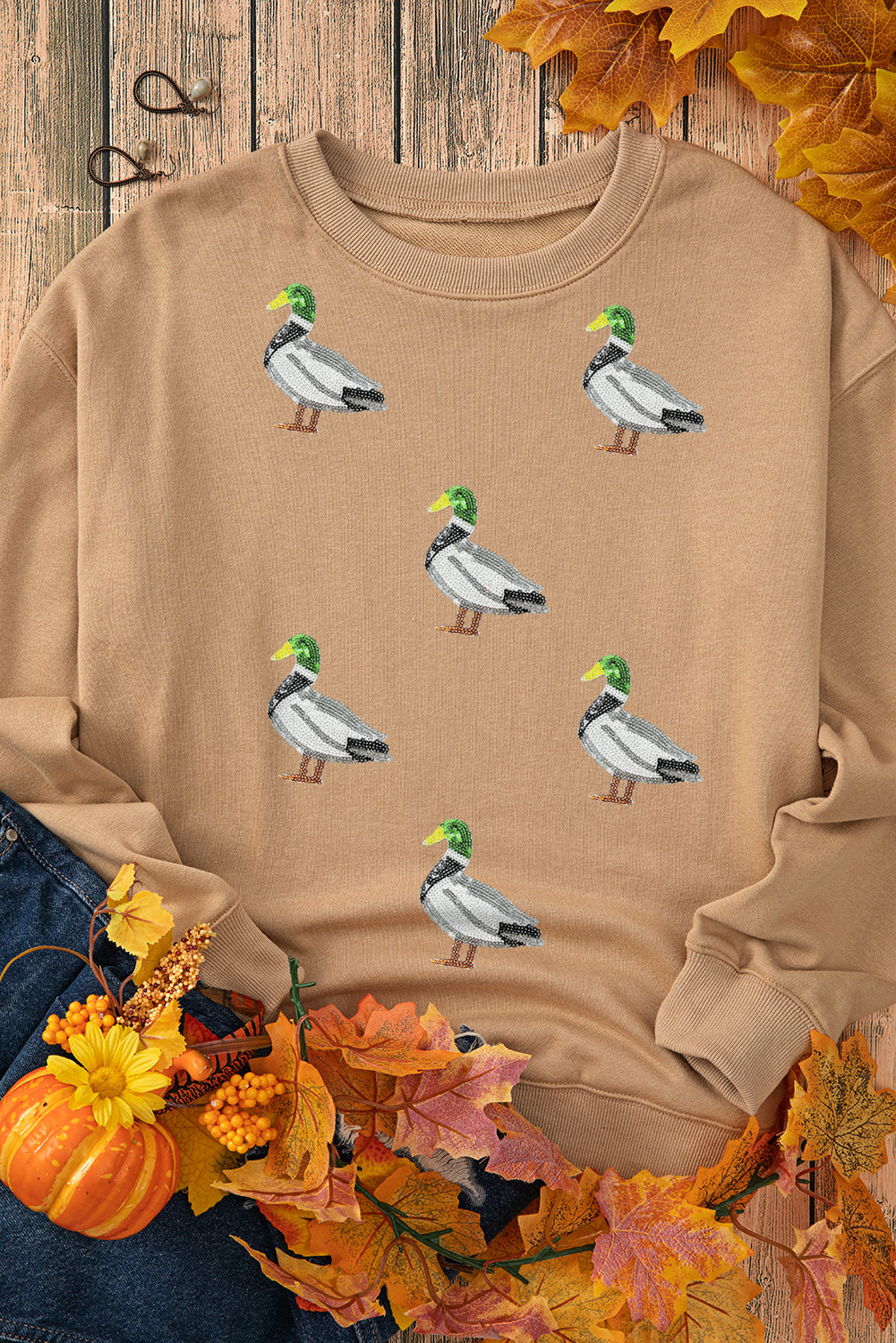 Khaki Sequin Mallard Duck Graphic Sequins Patch Baggy Sweatshirt