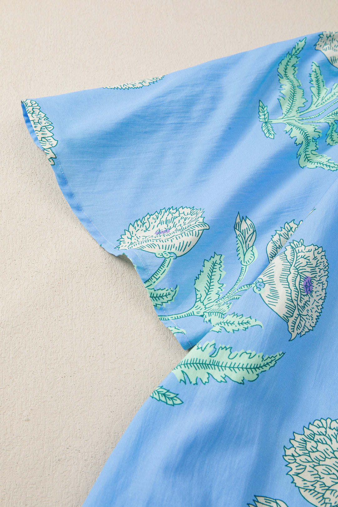 Sky Blue Plus Periwinkle Floral Printed Short Sleeve Striped Trim Split Neck Mini Dress