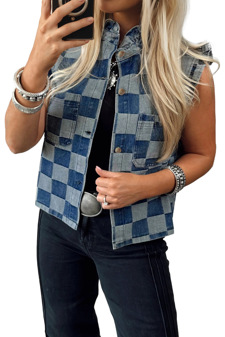 Beau Blue Checkered Ruffle Trim Button Down Denim Vest