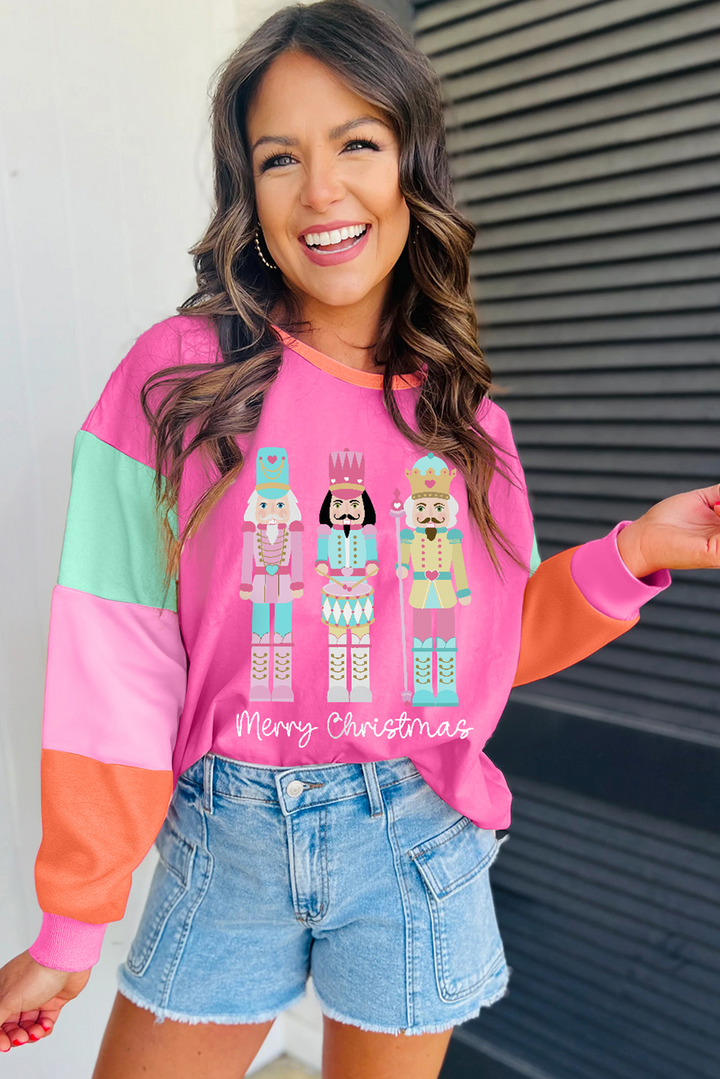 Rose Red Nutcracker Merry Christmas Graphic Colorblock Long Sleeve Tee