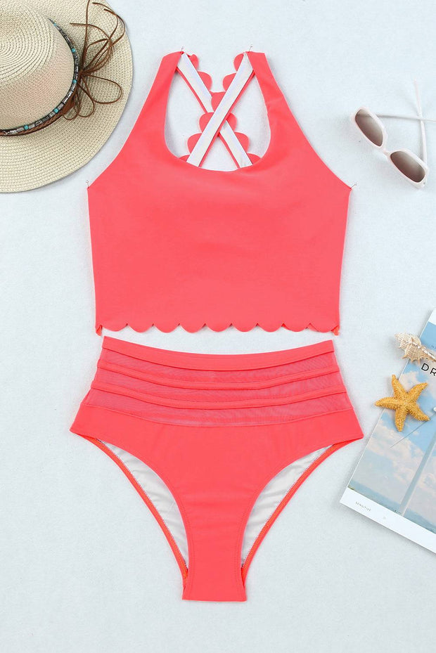 Pink Scalloped Sleeveless High Waisted Two Piece Swimsuit -