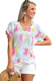 Multicolor Abstract Print V Neck Short Sleeve Dolman Blouse -