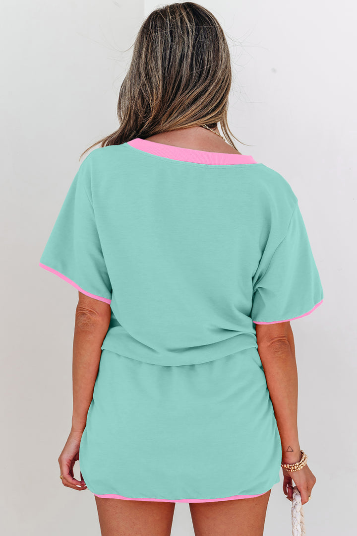 Colorblock Edge Drop Shoulder T Shirt and Skort 2Pcs Set