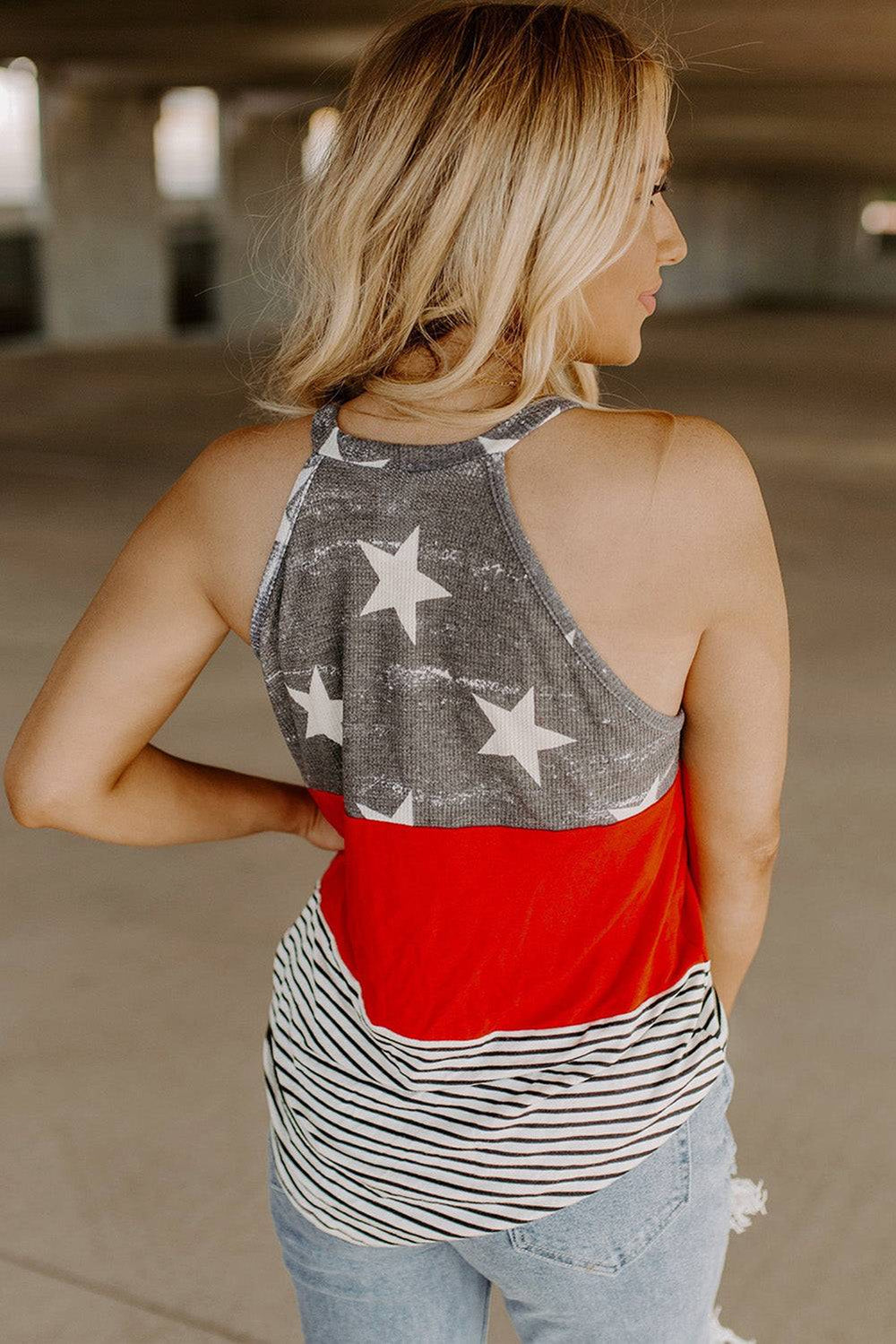 Multicolor American Flag Print Casual Color Block Tank Top -