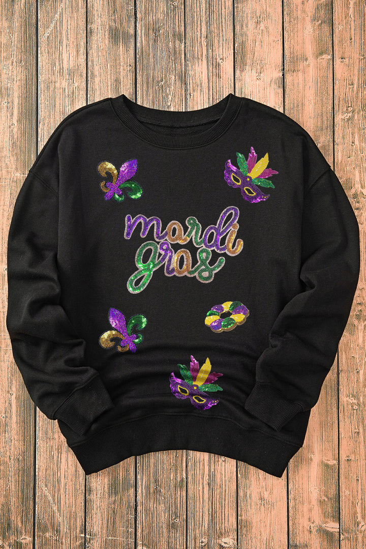 Black Mardi gras Fleur de Lis Graphic Pullover Sweatshirt