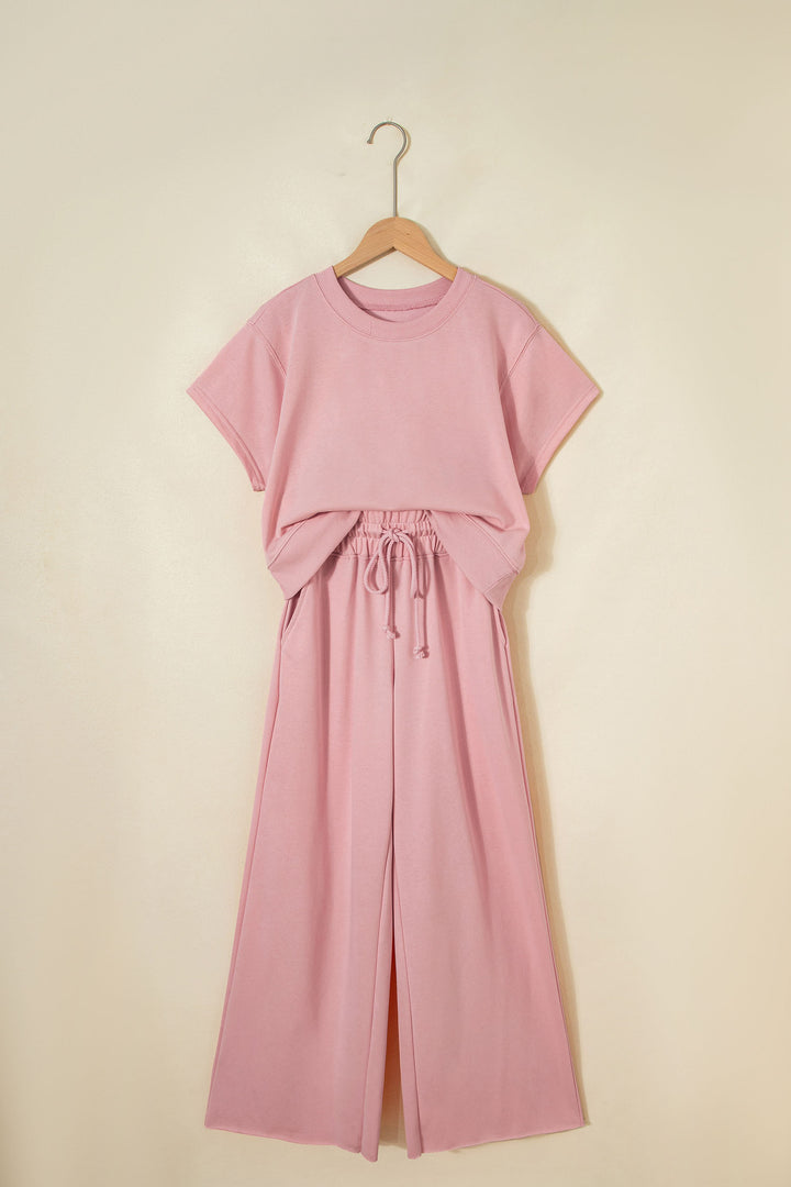 Solid Color Loose Tee Drawstring Wide Leg Pants 2pcs Outfit