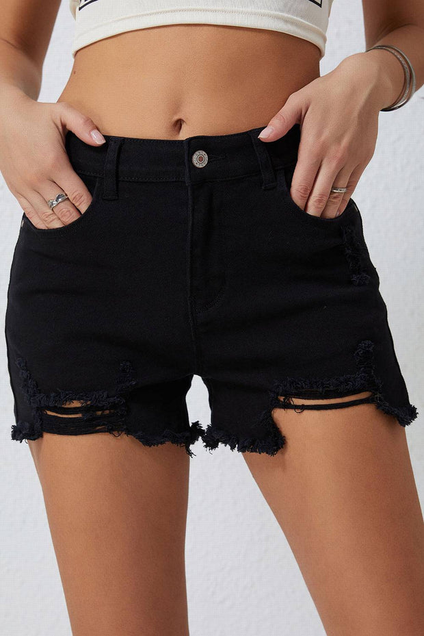 Black Solid Color Distressed Denim Shorts - Black / 6 / 98%Cotton+2%Elastane