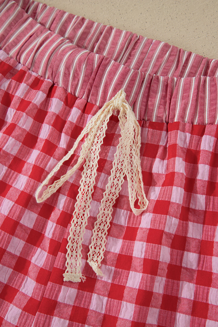 Gingham Print Ruffle Striped Detail Lace Tie Shorts