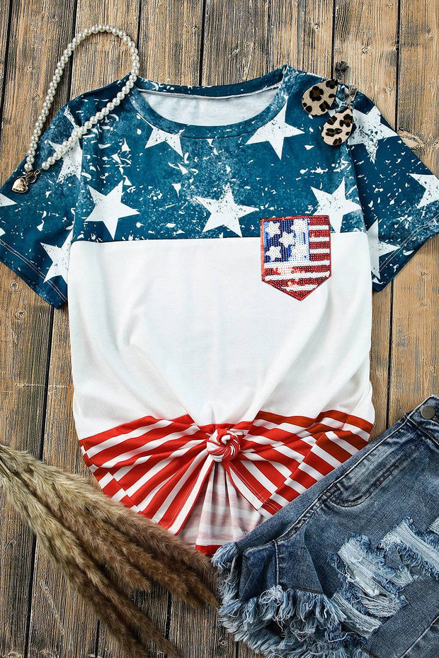 Multicolor Stars and Stripes Graphic Sequin Patch Pocket T Shirt -