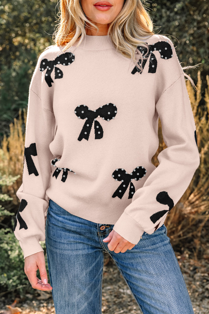 Pearl Embellished Bow Pattern Loose Sweater