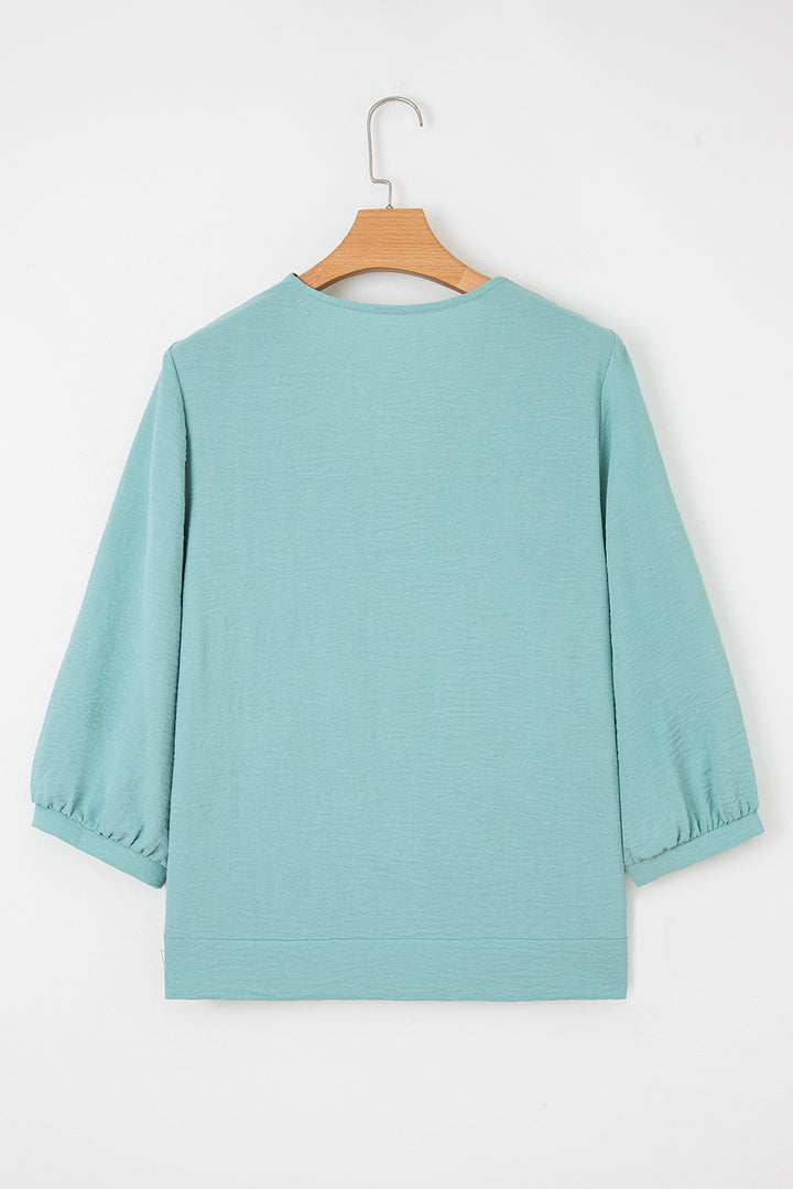 Frilled V Neckline Bracelet Sleeve Crinkled Blouse