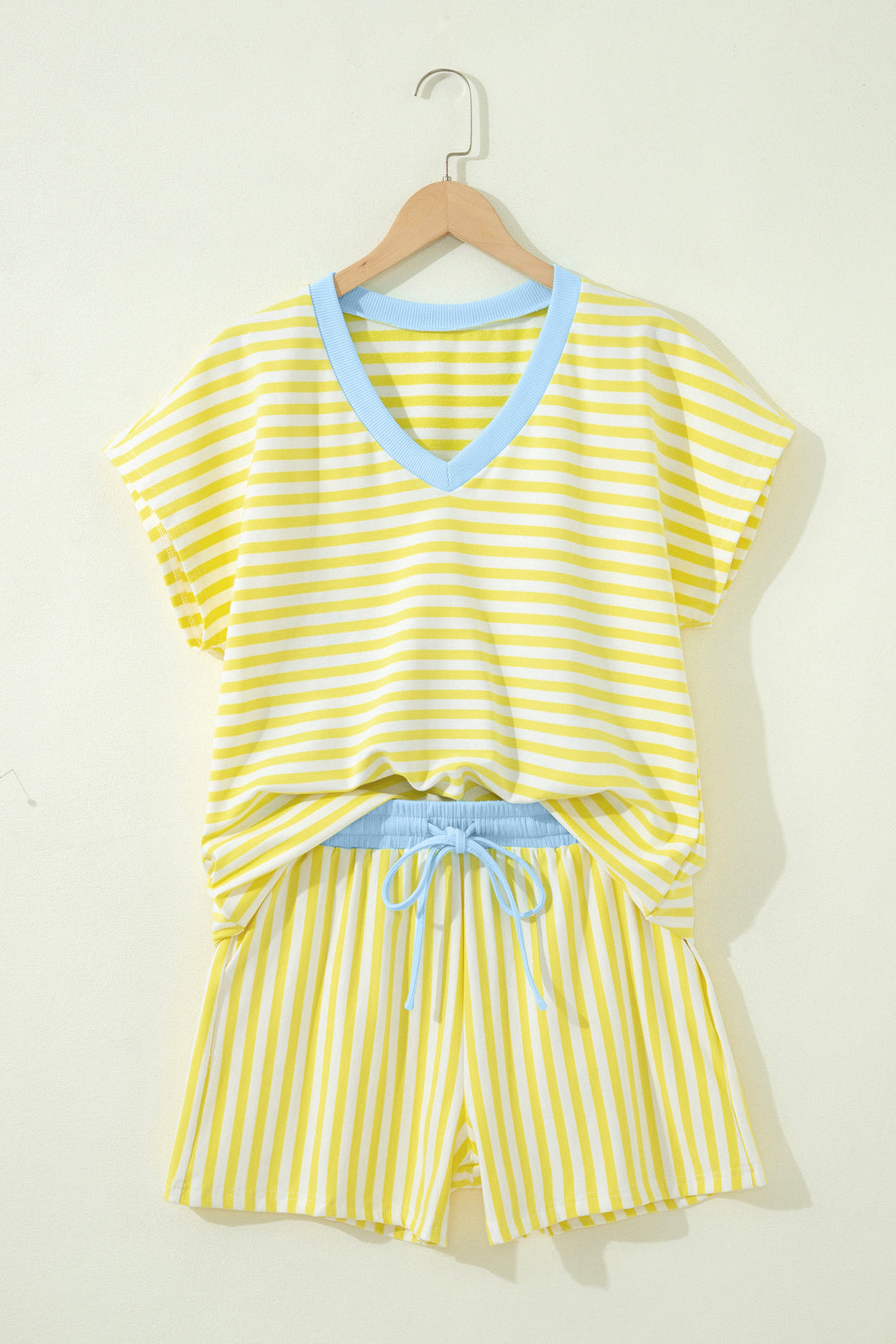 Stripe Colorblock Trim V Neck Tee Drawstring Elastic Waist Short Set