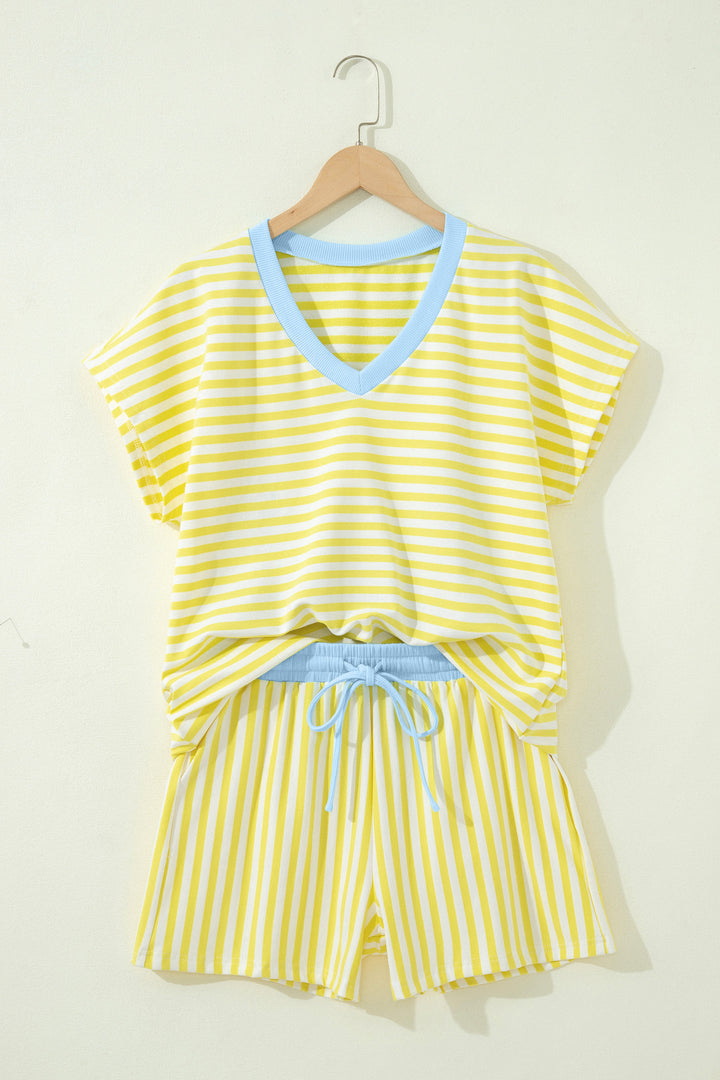 Stripe Colorblock Trim V Neck Tee Drawstring Elastic Waist Short Set